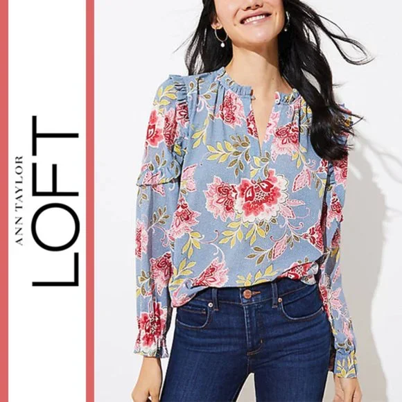 Loft | 'Garden Floral' Ruffle Sleeve Tie-Neck Blouse - Picture 1 of 7